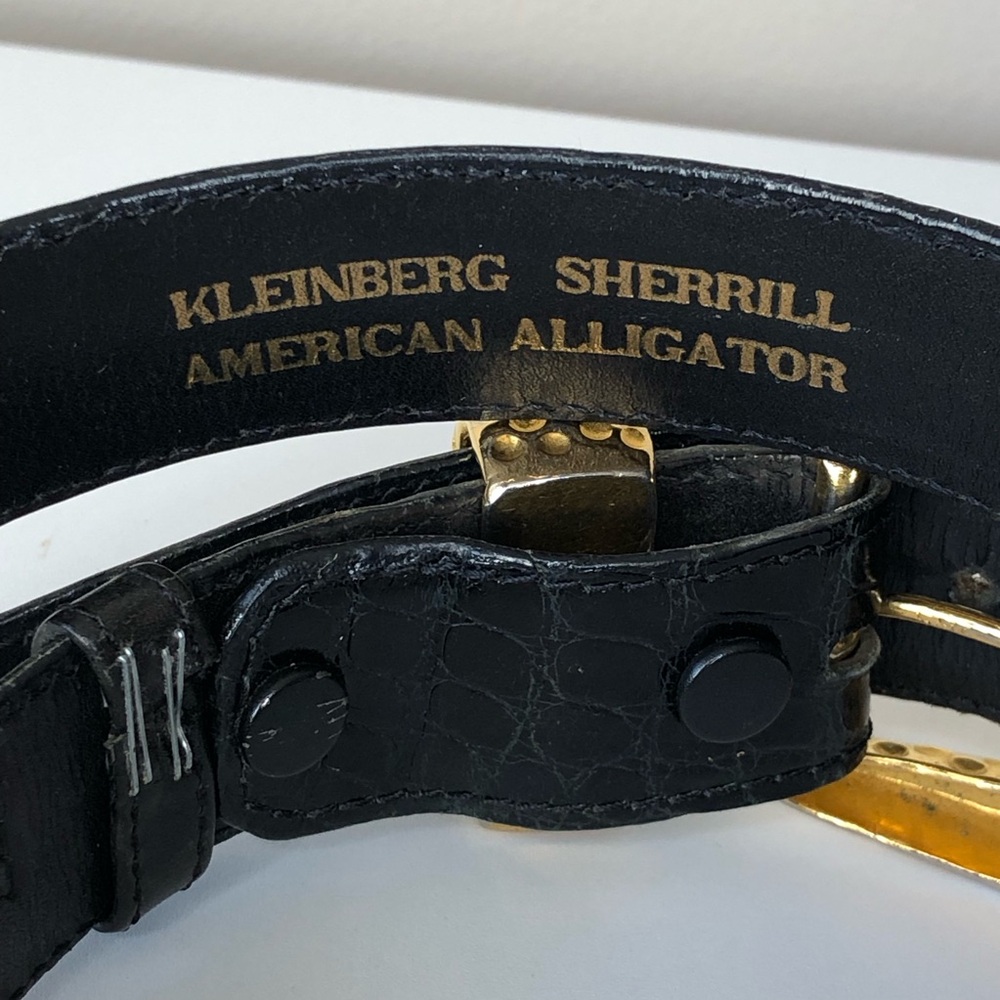 Vintage 90s Kleinberg Sherrill American Black exoticAlligator Gold Buckle Belt M - Picture 3 of 11